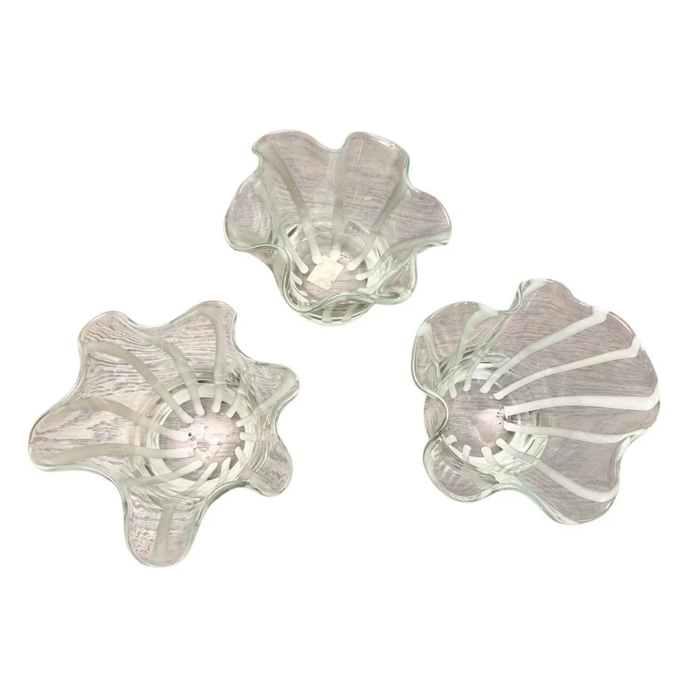 Set of 3 Art Glass Folded Handkerchief Ruffled Vases Clear White Smooth‎ Base